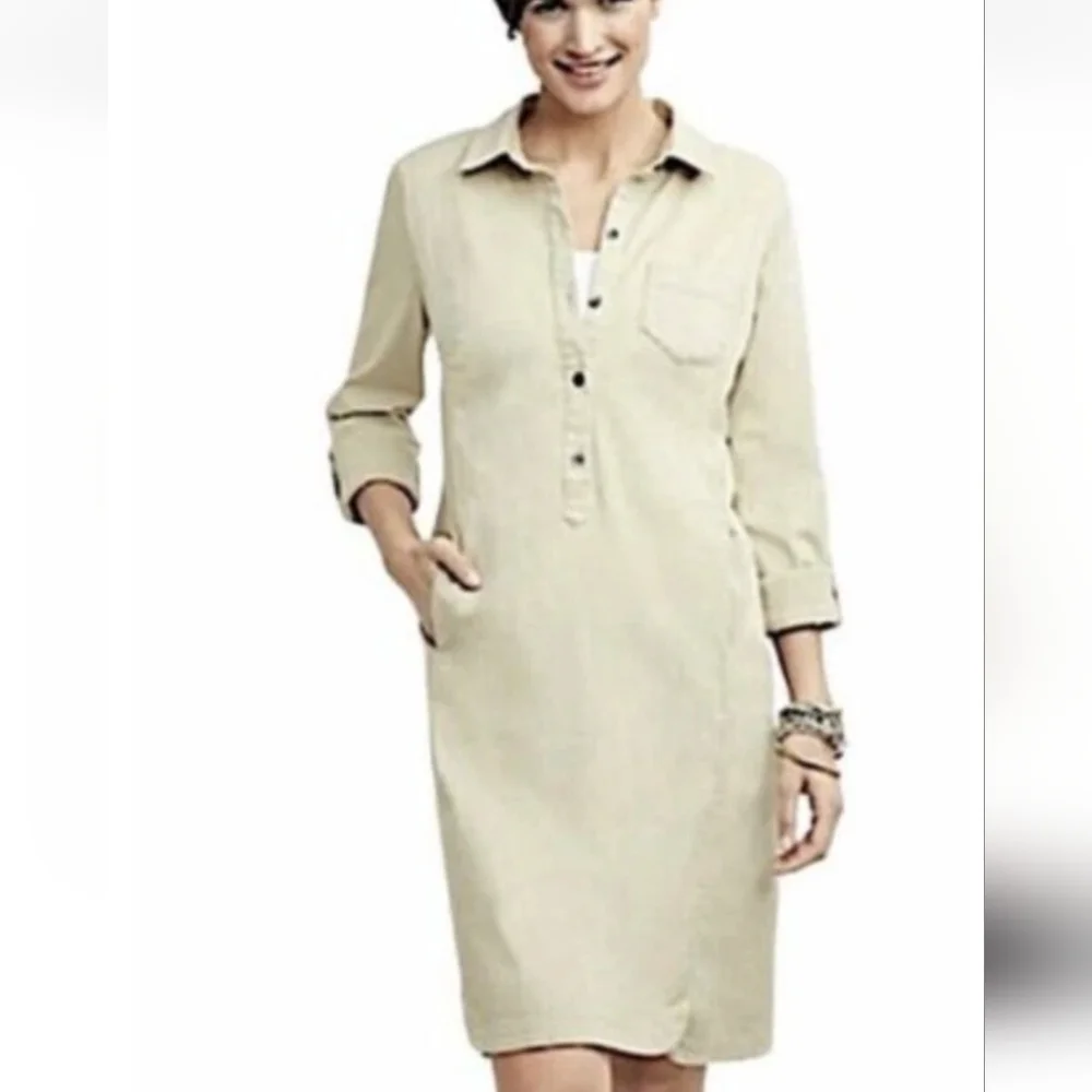 J. Jill Tan Khaki Chino Shirt Button-Up Dress Sz 10 Petite